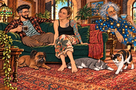 НАСТЯ и FANTAZĒROV рядом; ГИБОН, МАТИСС, СИМХА и LINAD каждый занят своим делом.